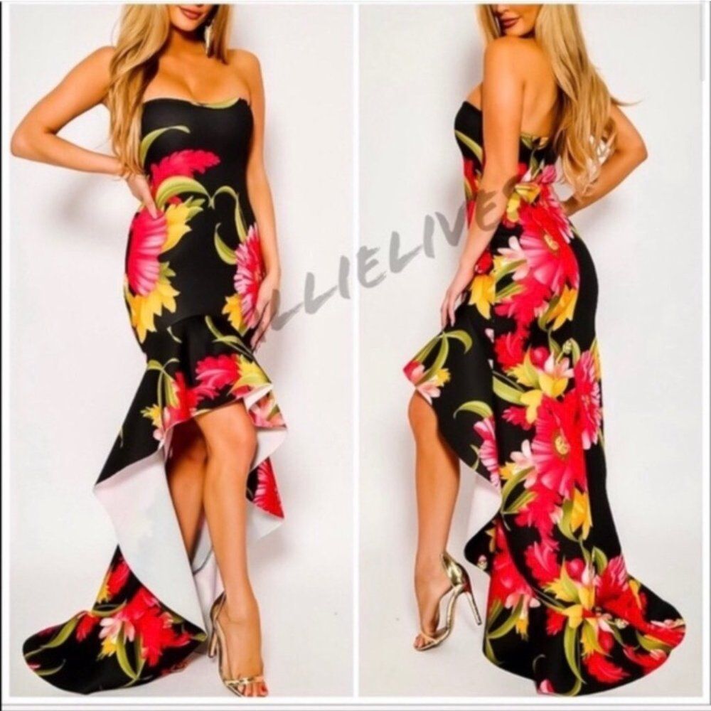 Tropical Floral Strapless Neoprene High Low Dress with Train size Medium